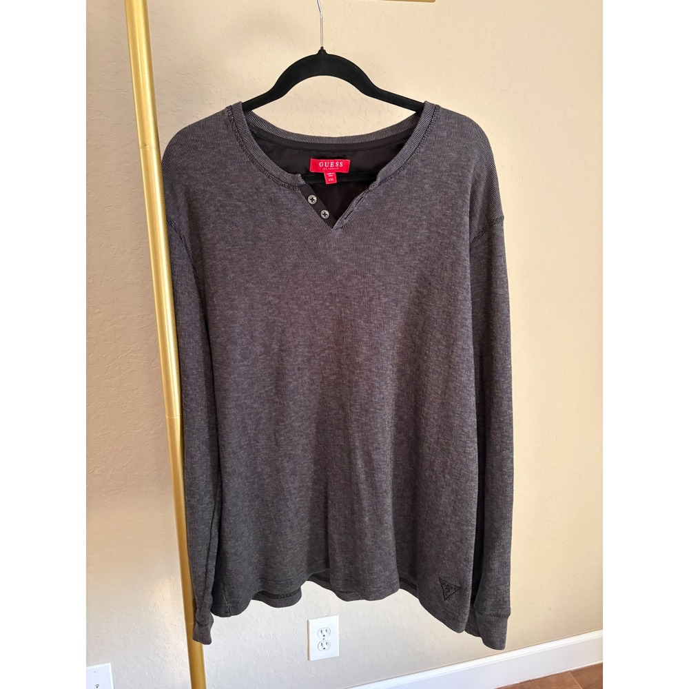 Guess Los Angeles Mens Charcoal Grey Ribbed Henley Long Sleeve XXL Casual
